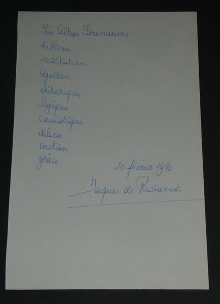 Jacques de RICAUMONT Pens&eacute;e autographe sign&eacute;e de 1980 "Son Altesse S&eacute;r&eacute;nissime". Jacques de RICAUMONT