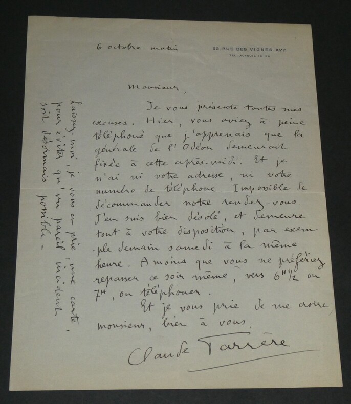 Claude FARR&Egrave;RE Lettre autographe sign&eacute;e 1 page "vous aviez &agrave; peine t&eacute;l&eacute;phon&eacute;". Claude FARR&Egrave;RE