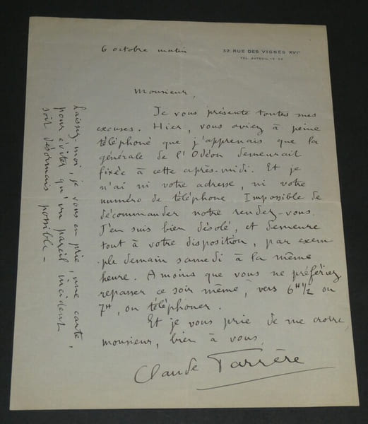 Claude FARR&Egrave;RE Lettre autographe sign&eacute;e 1 page "vous aviez &agrave; peine t&eacute;l&eacute;phon&eacute;". Claude FARR&Egrave;RE