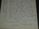Claude FARR&Egrave;RE Lettre autographe sign&eacute;e 1 page "vous aviez &agrave; peine t&eacute;l&eacute;phon&eacute;". Claude FARR&Egrave;RE