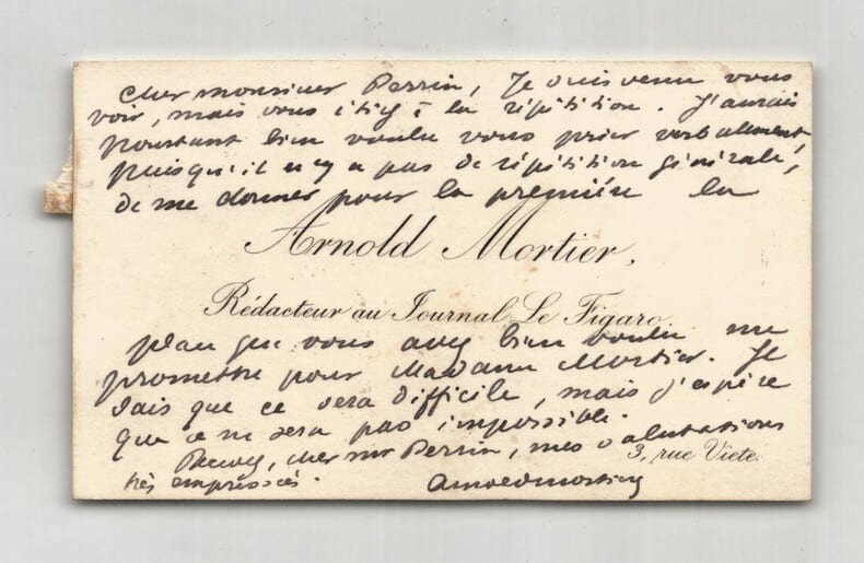 Arnold Mortier – Carte de visite autographe sign&eacute;e &agrave; Perrin - place de th&eacute;&acirc;tre. Arnold Mortier