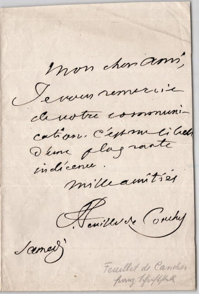 F&eacute;lix FEUILLET-DE-CONCHES Lettre autographe sign&eacute;e "d'une flagrante ind&eacute;cence". F&eacute;lix-S&eacute;bastien FEUILLET-DE-CONCHES