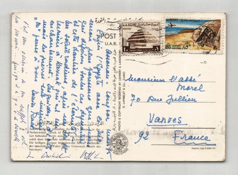 Denise Rack Salomon - Carte postale autographe sign&eacute;e &agrave; l'Abb&eacute; Morel - &Eacute;gypte. Denise Rack Salomon