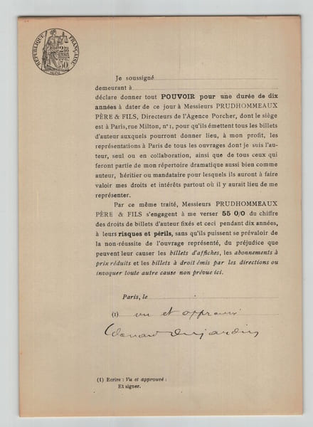 Pouvoir sign&eacute; par Edouard DUJARDIN – Collection coh&eacute;rente 31 auteurs & musiciens. Edouard Dujardin