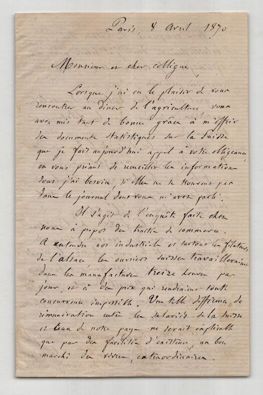 Andr&eacute; Cochut - Lettre autographe sign&eacute;e - Pol&eacute;mique ouvriers Suisses - 3pp. 1870. Andr&eacute; Cochut