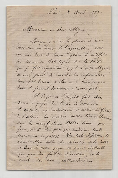 Andr&eacute; Cochut - Lettre autographe sign&eacute;e - Pol&eacute;mique ouvriers Suisses - 3pp. 1870. Andr&eacute; Cochut