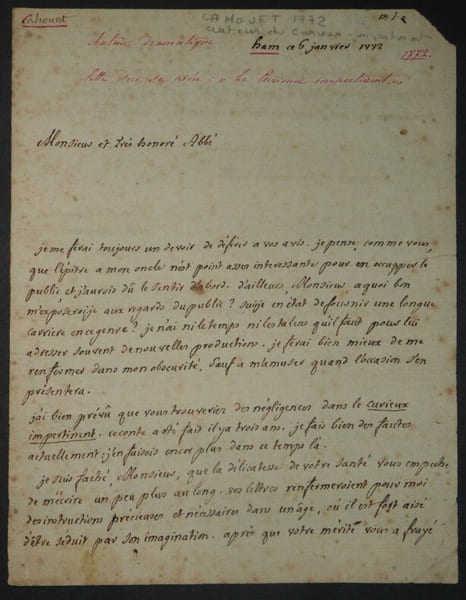 CAHOUET- LETTRE AUTOGRAPHE SIGN&Eacute;E Le curieux Impertinent, 1772. Cahouet