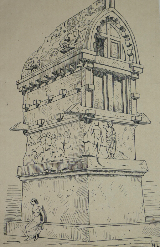 Tombeau lycien du Mus&eacute;e britannique — Dessin original sign&eacute;, encre vers 1930 (d'apr&egrave;s un dessin de Viollet-le-Duc). Louis Henri Laffill&eacute;e