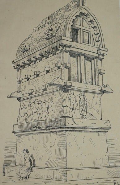 Tombeau lycien du Mus&eacute;e britannique — Dessin original sign&eacute;, encre vers 1930 (d'apr&egrave;s un dessin de Viollet-le-Duc). Louis Henri Laffill&eacute;e