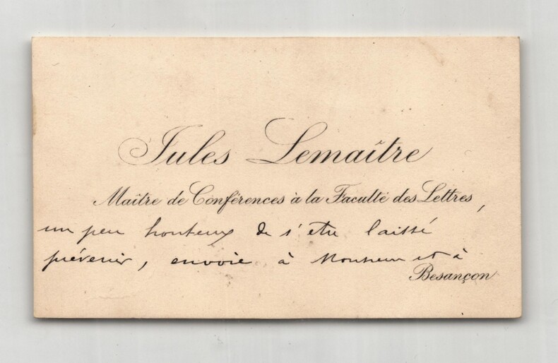Jules Lema&icirc;tre - Carte de visite autographe sign&eacute;e. Jules Lema&icirc;tre