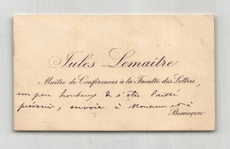 Jules Lema&icirc;tre - Carte de visite autographe sign&eacute;e. Jules Lema&icirc;tre