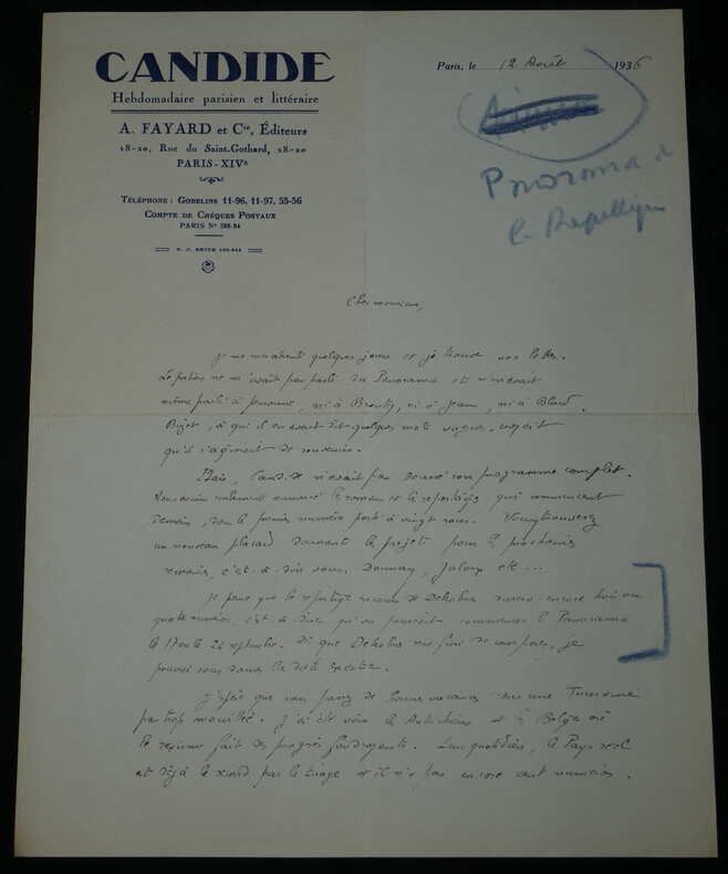 Pierre Gaxotte Lettre autographe sign&eacute;e sur papier ent&ecirc;te "Candide" 2 pages 1936. Pierre Gaxotte