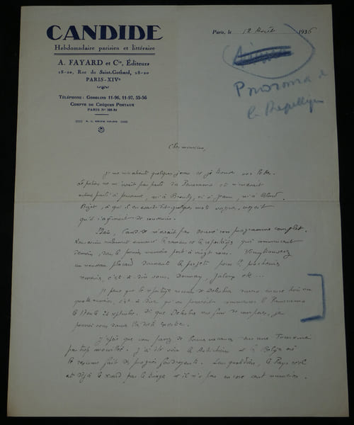 Pierre Gaxotte Lettre autographe sign&eacute;e sur papier ent&ecirc;te "Candide" 2 pages 1936. Pierre Gaxotte