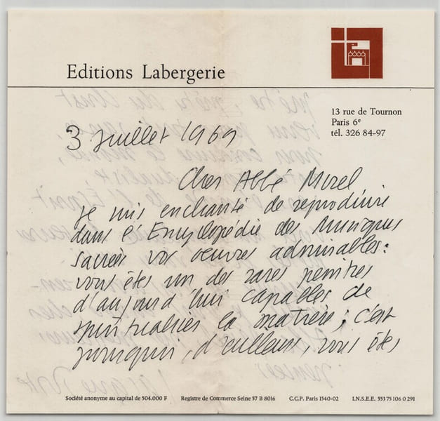 Jacques Porte - Lettre autographe sign&eacute;e &agrave; l'Abb&eacute; Morel "Œuvres admirables" 1969. Jacques Porte
