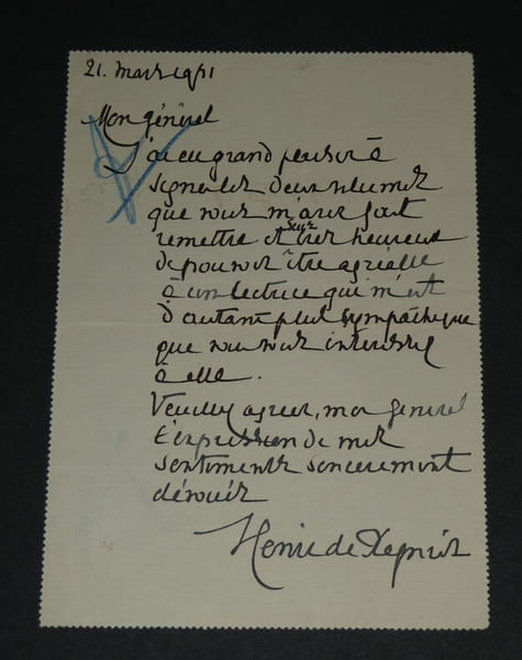 Henri de R&Eacute;GNIER - Lettre autographe sign&eacute;e au G&eacute;n&eacute;ral Lasson. Henri de R&Eacute;GNIER