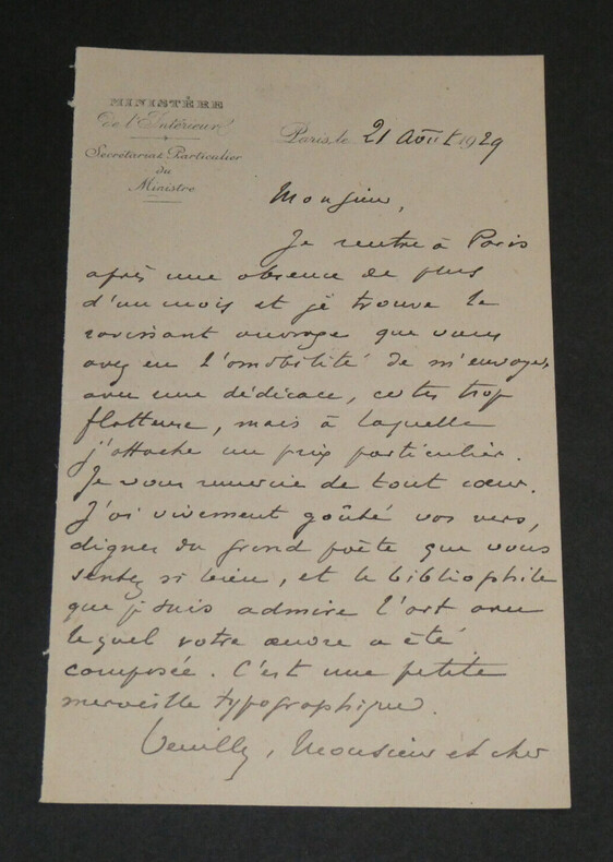 Andr&eacute; Tardieu - Lettre autographe sign&eacute;e &agrave; Armand Godoy - 1929. Andr&eacute; Tardieu