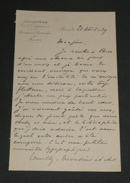 Andr&eacute; Tardieu - Lettre autographe sign&eacute;e &agrave; Armand Godoy - 1929. Andr&eacute; Tardieu