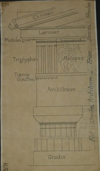 D&eacute;tail de l'ordre dorique du Parth&eacute;non - Dessin original sign&eacute;. Louis Henri Laffill&eacute;e