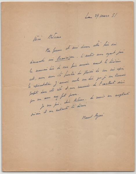 Marcel Aym&eacute; - Lettre autographe sign&eacute;e &agrave; une actrice de Dominique – Th&eacute;&acirc;tre 1951. Marcel Aym&eacute;