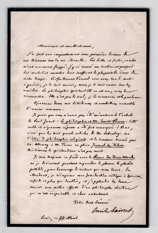 &Eacute;mile Saisset - Lettre autographe sign&eacute;e &agrave; propos de Paul Janet, Renan, Laboulay. &Eacute;mile Saisset