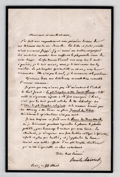 &Eacute;mile Saisset - Lettre autographe sign&eacute;e &agrave; propos de Paul Janet, Renan, Laboulay. &Eacute;mile Saisset