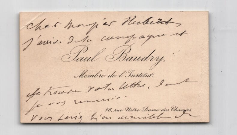 Paul BAUDRY Carte de Visite autographe renvoi d'un croquis 2 pages. Paul BAUDRY