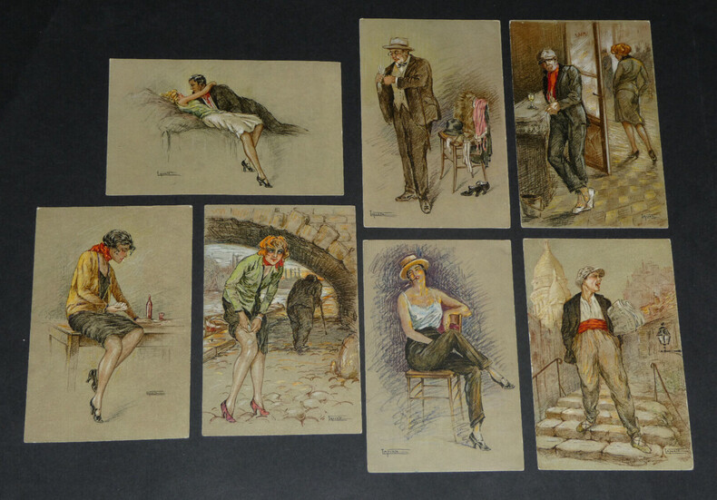 7 Cartes postales portraits de femmes curiosa sign&eacute;es Laporte, "Bas fonds de Paris". Laporte