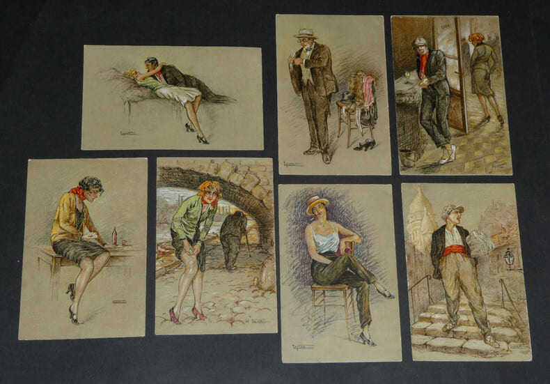 7 Cartes postales portraits de femmes curiosa sign&eacute;es Laporte, "Bas fonds de Paris". Laporte