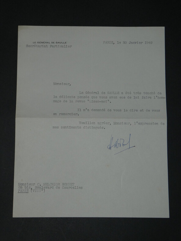 Secr&eacute;tariat particulier du G&eacute;n&eacute;ral de Gaulle - Lettre dactylographi&eacute;e sign&eacute;e de remerciements, &agrave; Monsieur Christian Melchior-Bonnet, 1949. Secr&eacute;tariat ...
