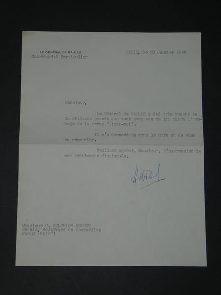 Secr&eacute;tariat particulier du G&eacute;n&eacute;ral de Gaulle - Lettre dactylographi&eacute;e sign&eacute;e de remerciements, &agrave; Monsieur Christian Melchior-Bonnet, 1949. Secr&eacute;tariat ...