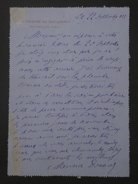 Maurice DONNAY, LETTRE AUTOGRAPHE SIGN&Eacute;E AU DIRECTEUR DE LA REVUE FRANCAISE 1922. Maurice DONNAY