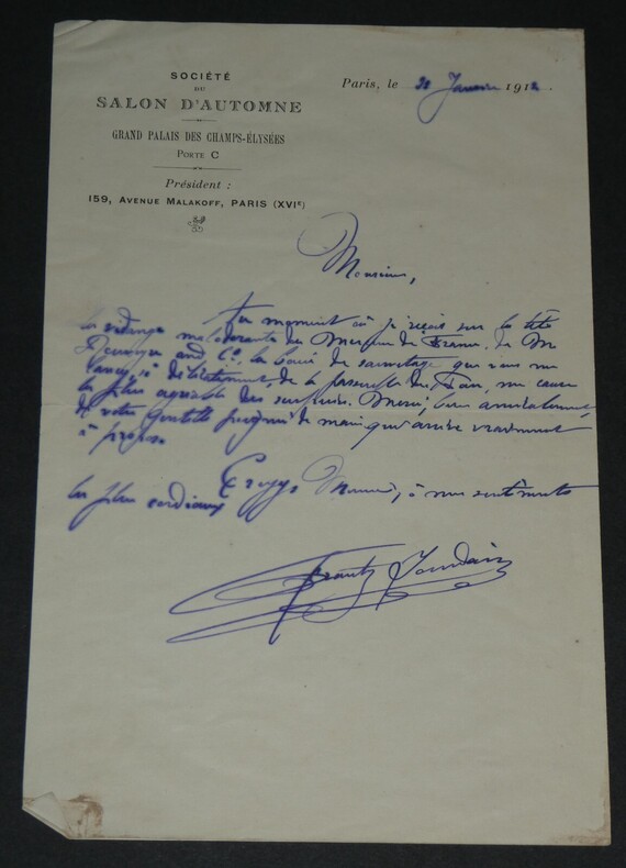 Frantz JOURDAIN Lettre autographe sign&eacute;e 1912 1 page. Frantz JOURDAIN