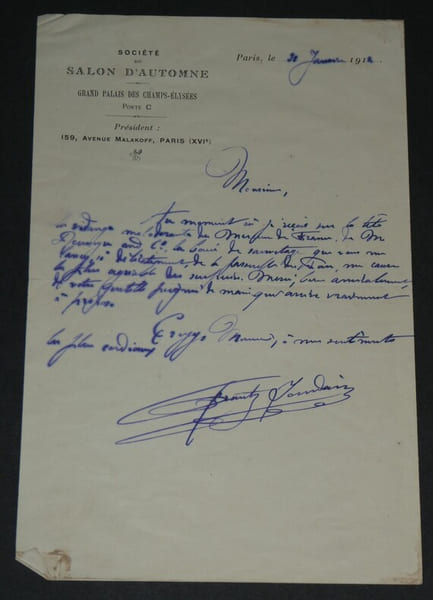 Frantz JOURDAIN Lettre autographe sign&eacute;e 1912 1 page. Frantz JOURDAIN
