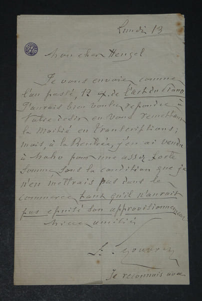 F&eacute;lix Le Couppey , Pianiste - LETTRE AUTOGRAPHE SIGN&Eacute;E &Agrave; Heugel. F&eacute;lix Le Couppey