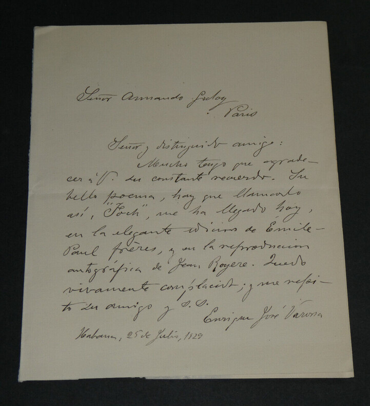 Enrique Jos&eacute; VARONA - Lettre autographe sign&eacute;e - Politique Cuba - Foch - 1929. Enrique Jos&eacute; Varona