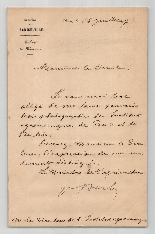 Paul Barbe Lettre autographe sign&eacute;e Instituts agronomiques Paris & Berlin 1887. Paul Barbe