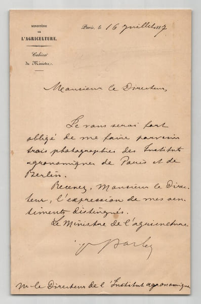 Paul Barbe Lettre autographe sign&eacute;e Instituts agronomiques Paris & Berlin 1887. Paul Barbe