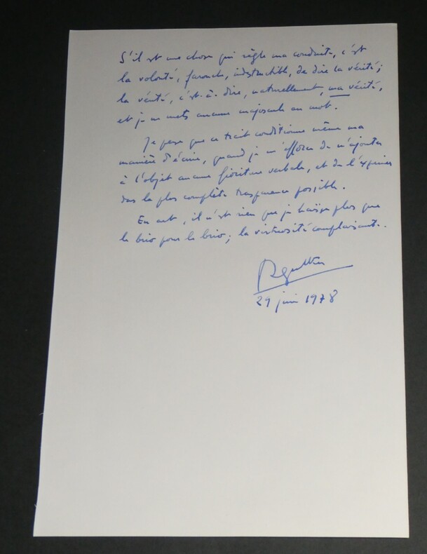 Roger IKOR Pens&eacute;e autographe sign&eacute;e de 1978 "actuellement ma v&eacute;rit&eacute;" 1 page. Roger IKOR