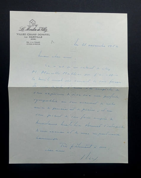 COLONEL REMY - LETTRE AUTOGRAPHE SIGN&Eacute;E, A PROPOS D'UN DEUIL, DAMVILLE 1952. Colonel R&eacute;my (Gilbert Renault)
