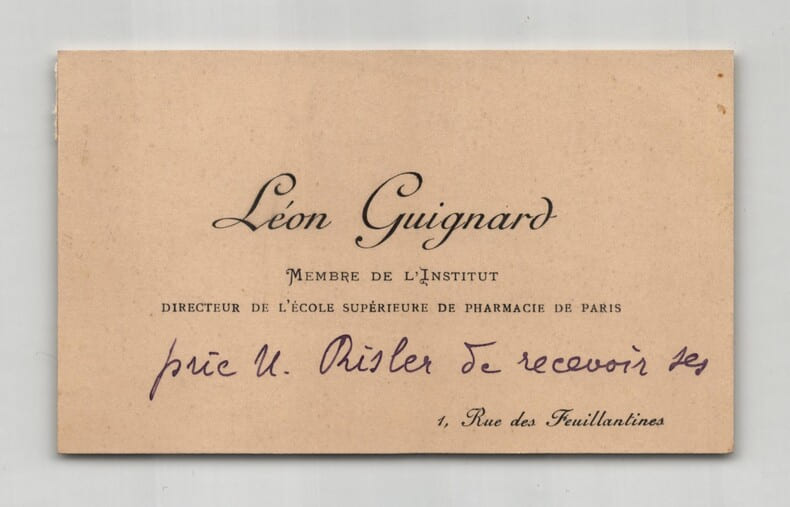 L&eacute;on Guignard - Carte de visite autographe sign&eacute;e &agrave; Mr Risler de Remerciements. L&eacute;on Guignard
