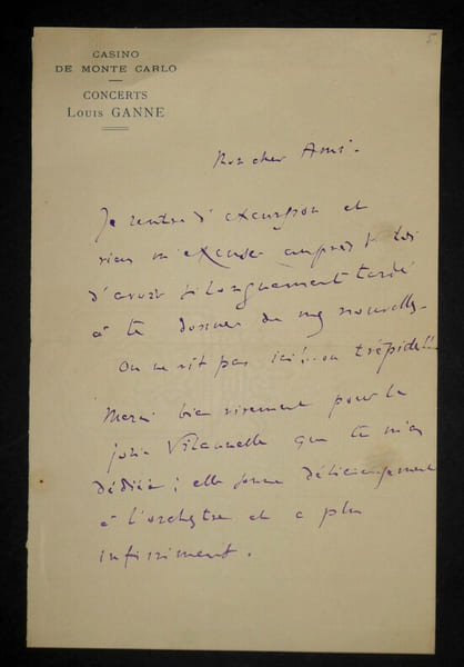 LETTRE AUTOGRAPHE SIGN&Eacute;E, CASINO DE MONTE CARLO, CONCERTS. Louis Ganne