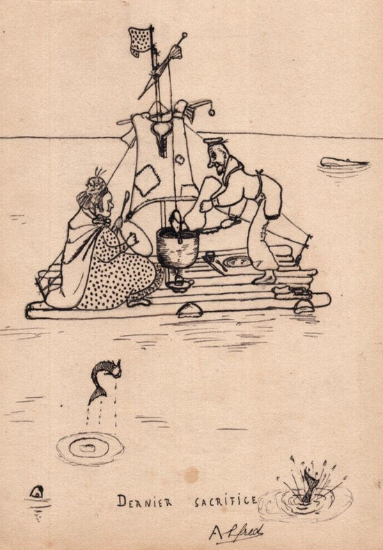 Dessin &agrave; l'encre d'une sc&egrave;ne maritime "Dernier sacrifice", sign&eacute; Alfred. Alfred