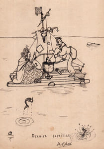Dessin à l'encre d'une scène maritime "Dernier sacrifice", signé Alfred