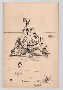 Dessin à l'encre d'une scène maritime "Dernier sacrifice", signé Alfred