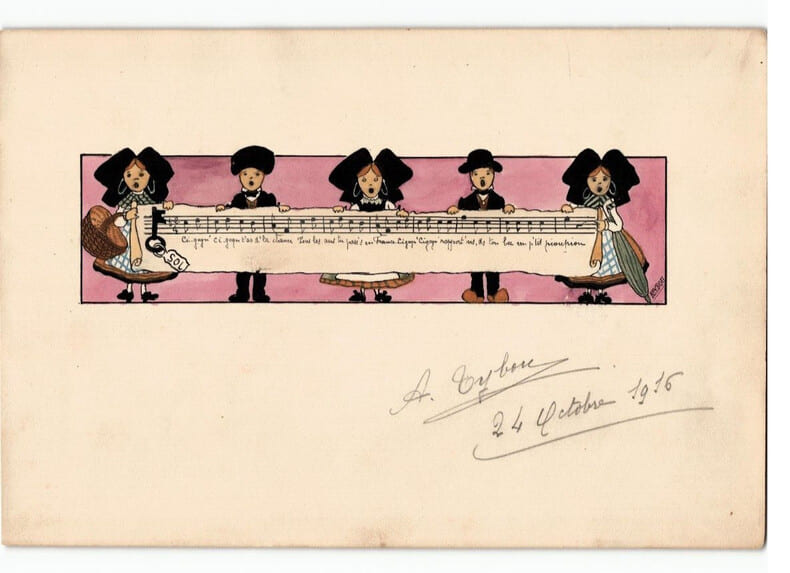 Petite aquarelle, port&eacute;e musicale tenue par des alsaciennes et alsaciens 1916. 