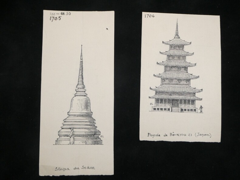 Dessin original sign&eacute; - Stupa siamois Phra Chedi & Pagode H&ocirc;-ryouzi. Louis Henri Laffill&eacute;e