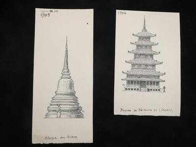 Dessin original signé - Stupa siamois Phra Chedi & Pagode Hô-ryouzi