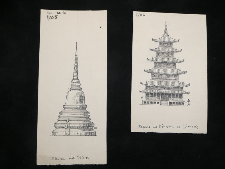 Dessin original sign&eacute; - Stupa siamois Phra Chedi & Pagode H&ocirc;-ryouzi. Louis Henri Laffill&eacute;e