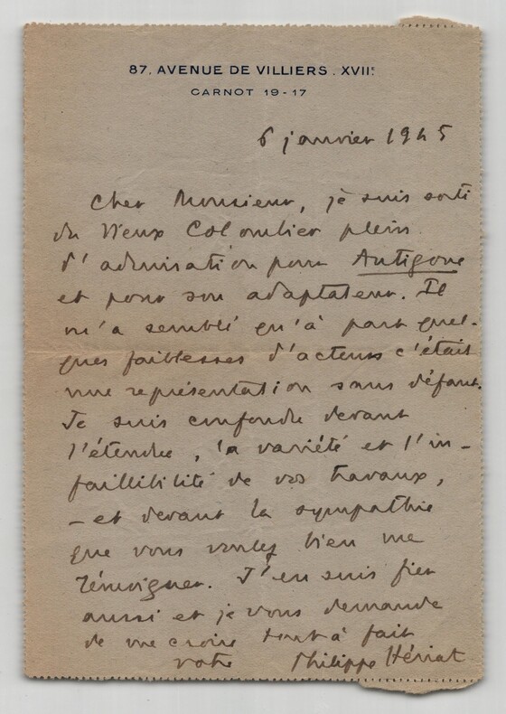 Philippe H&eacute;riat - Lettre autographe sign&eacute;e &agrave; Thierry Maulnier - Antigone - 1945. Philippe H&eacute;riat