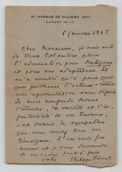 Philippe H&eacute;riat - Lettre autographe sign&eacute;e &agrave; Thierry Maulnier - Antigone - 1945. Philippe H&eacute;riat